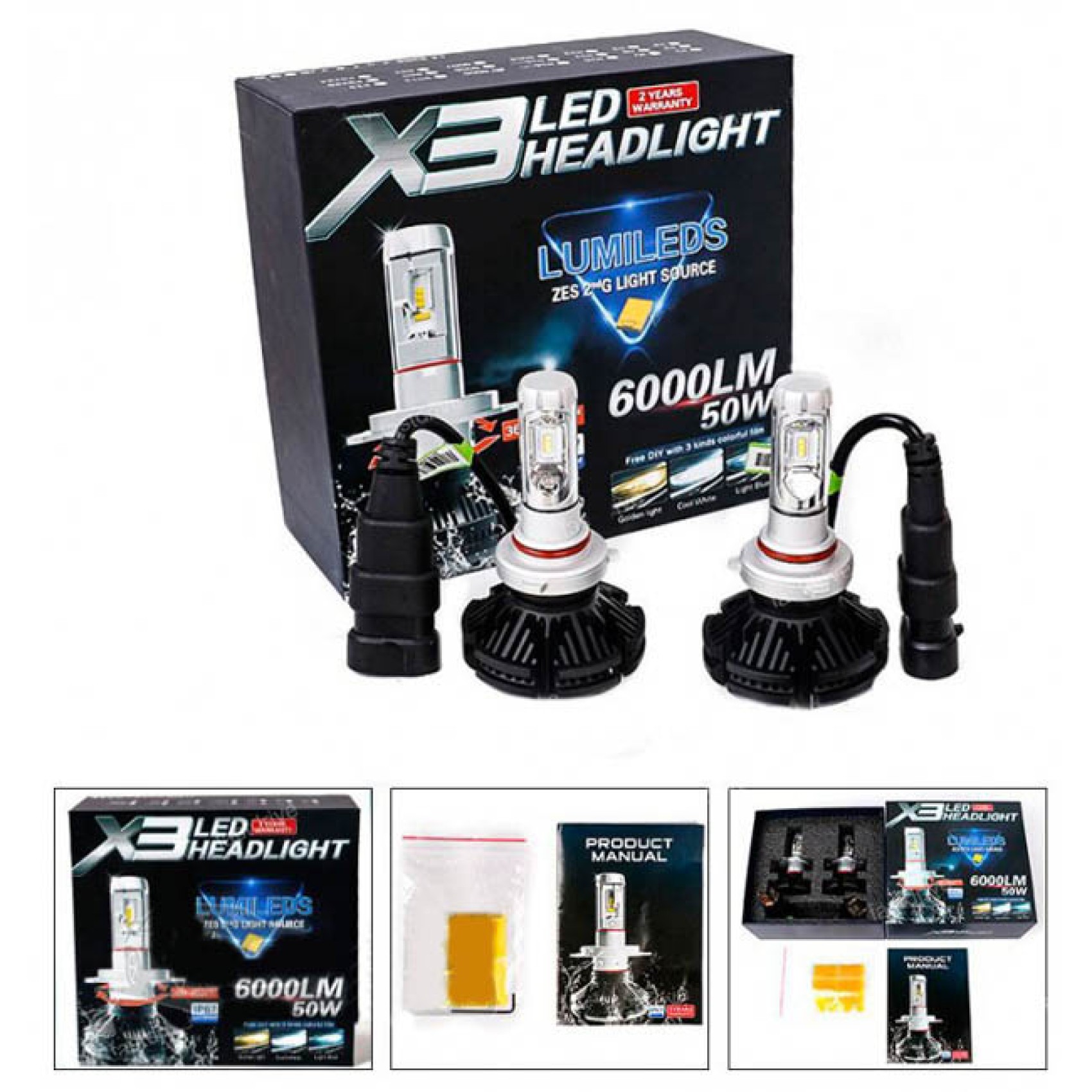 Led kit x3 headlight h4 6000lm 50w